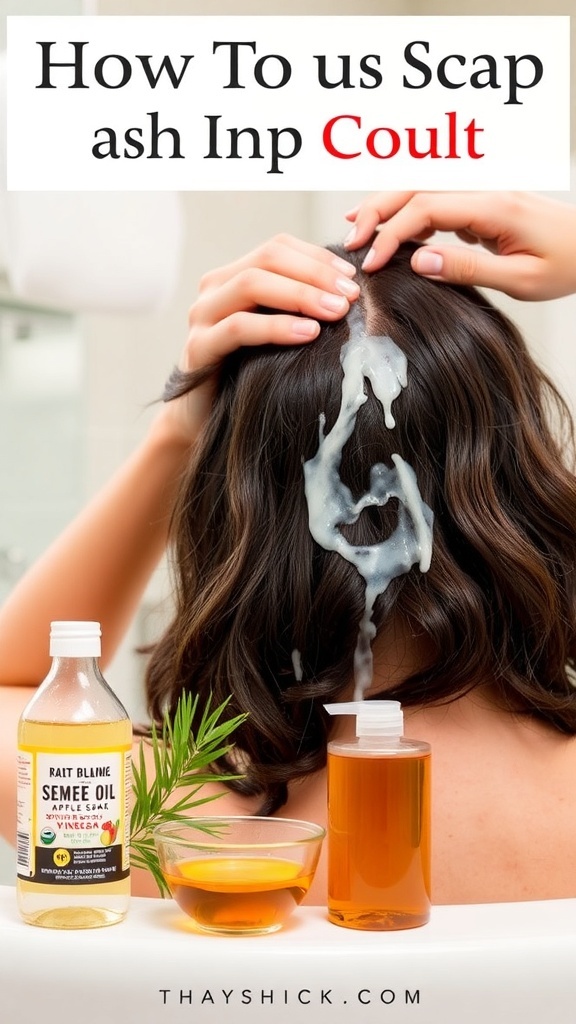 A person treating their scalp with natural remedies, including tea tree oil and apple cider vinegar.